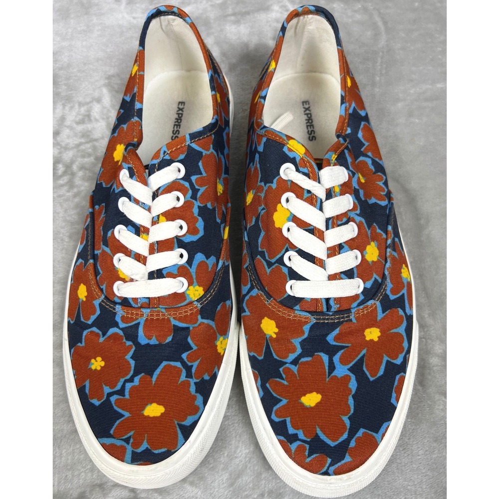 Express Mens 12 Navy Rust Orange Floral Canvas Low Top Lace Up Sneakers Retro